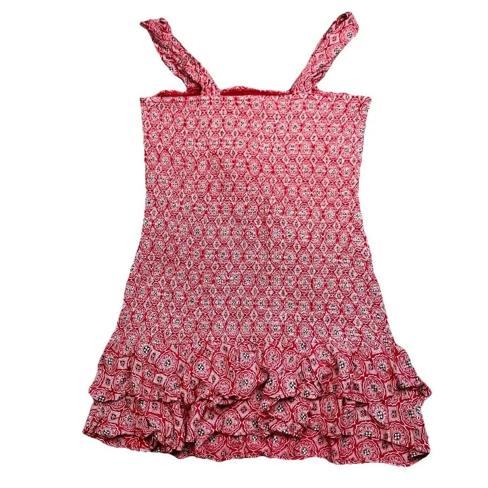 BOG Smocked Mini Dress Womens‎ XL Red Egret Tassel Ruffle Boho